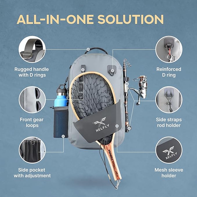Xelfly - Waterproof Fishing Backpack with Rod Holder, Inflatable Air Valve, Padded Waist Straps & Gear Loops - Submersible Zipper, Rugged Top Handle, Adjustable Attachments (Gray)