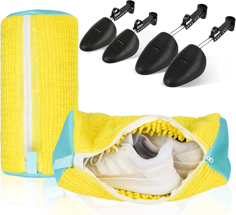 (2-Pack) Shoe Washing Machine Bag with 4 Shoe Trees, Sneaker Laundry Bags for Washer & Dryer, 360° Protective Mesh Shoe Cleaning Bag with Self-Locking Zipper and Safely Wash Shoes in Washing Machine.