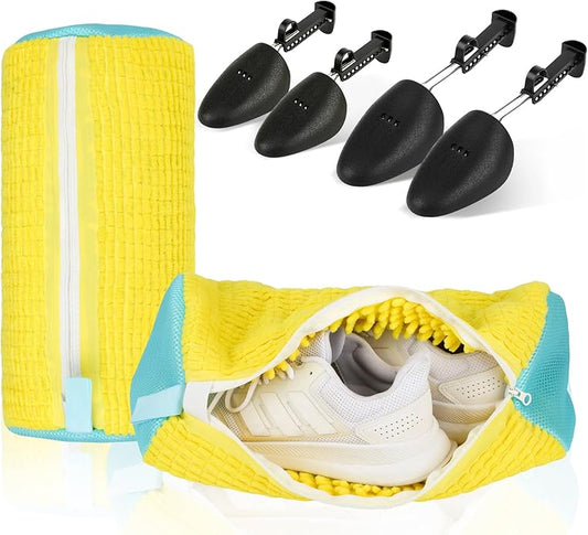 (2-Pack) Shoe Washing Machine Bag with 4 Shoe Trees, Sneaker Laundry Bags for Washer & Dryer, 360° Protective Mesh Shoe Cleaning Bag with Self-Locking Zipper and Safely Wash Shoes in Washing Machine.