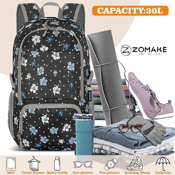 ZOMAKE Lightweight Packable Backpack 30L, Foldable Hiking Backpacks Water Resistant Compact Folding Daypack for Travel(Black,Floral pattern)