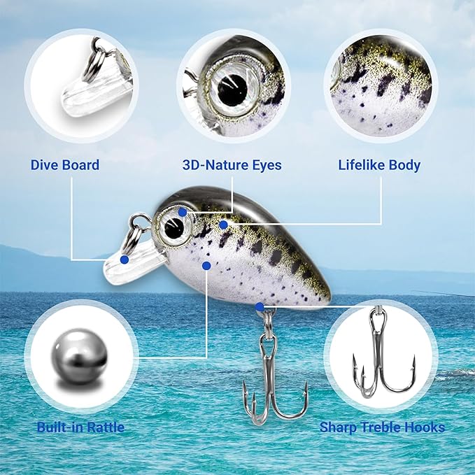 5PCS Micro Crankbait Fishing Lures for Bass Trout Topwater Lures Kit Slow Sinking Sturdy Vib Set for Fishing Lovers Pocket Mini Lure Fishing Tackle Kits for Children