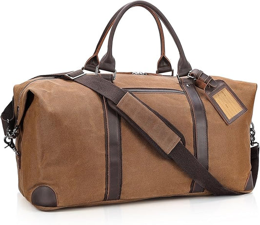 Polare 22” Waxed Canvas Cowhide Leather Travel Duffel Bag Waterproof Overnight Carry on Luggage Duffle 40L Sports Gym Weekender Bag