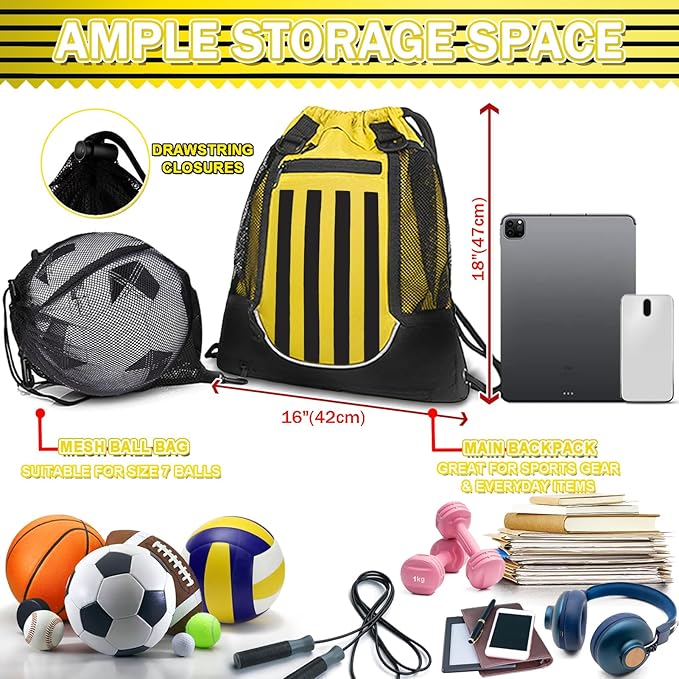 KAEGREEL Drawstring Soccer Bag Basketball Backpack for Kids Teens, Foldable Sports Bags Detachable Ball Mesh Bag for Gym Yoga Football Baseball