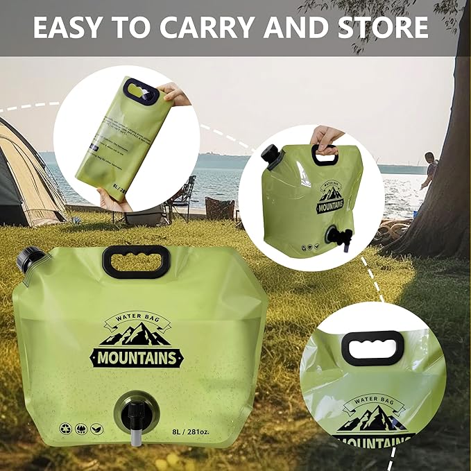 Collapsible 8L Water Storage Bag, BPA-Free Portable Folding Water Jug with Adjustable Faucet, Leakproof Emergency Water Bag for Camping, Hiking, Riding, Outdoor Sport (1, Green)