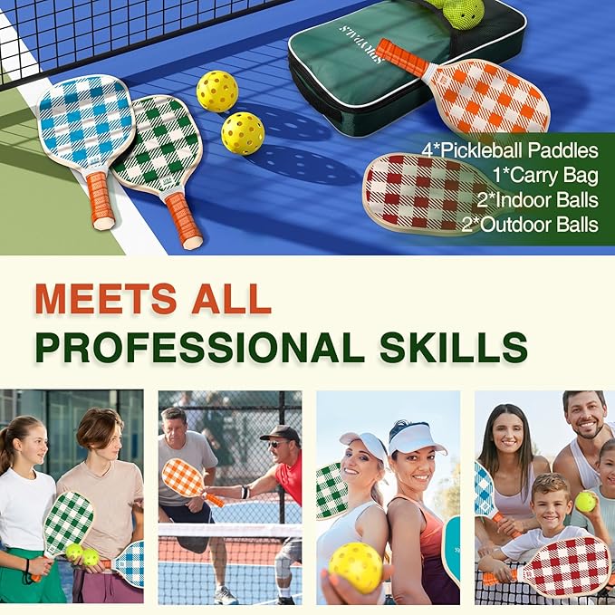 Pickleball Paddles Set of 4, USAPA Approved Pickleball Set of 4 with 4 Pickleball Balls & 1 Carry Bag Premium Wooden Cute Pickle Ball Paddles Grip Gifts for Women Youth Men