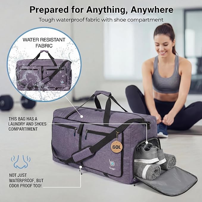 Bago Foldable Duffel Bags for Traveling Women & Men - 60L Medium Packable Duffle Bag for Travel with Shoe Compartment - Water Repellant, Heavy Duty, Lightweight Folding & Collapsible (SnowBlack)