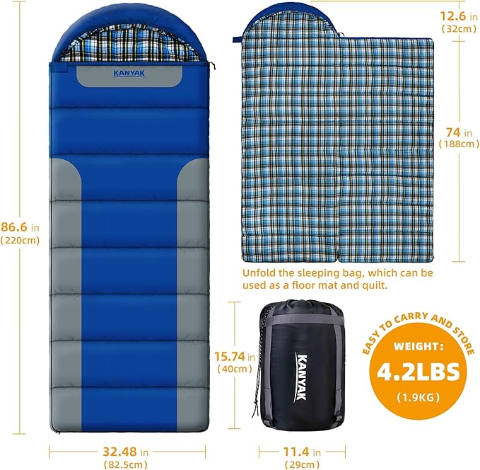 Cotton Flannel Lined Sleeping Bag for Adults Teens Kids, Cold Weather &Warm, 3 Seasons, Lightweight Compact Camping Essentials Equipment, Hiking, Outdoor, Travel