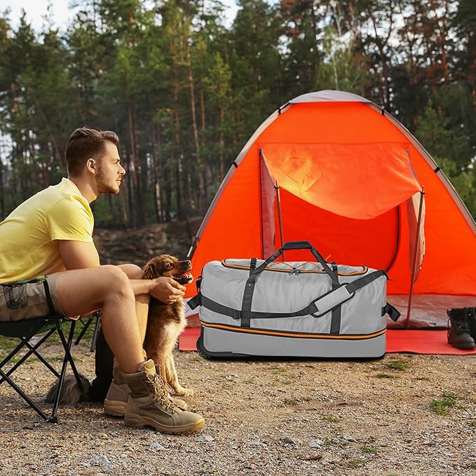 Vomgomfom Wheeled Collapsible Duffel Bag,110L-140L Expandable Checked Luggage, No-Telescopic-Handle with Anti-Burst Zipper & Reinforced Frame,Grey