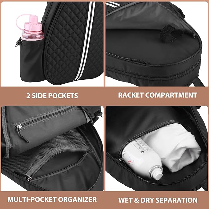 Tennis Racket Bag, Tennis Bags for Women, Quilted Sling Crossbody Backpack with Hook, Water Resistant Tennis Racket Cover for Pickleball, Racketball
