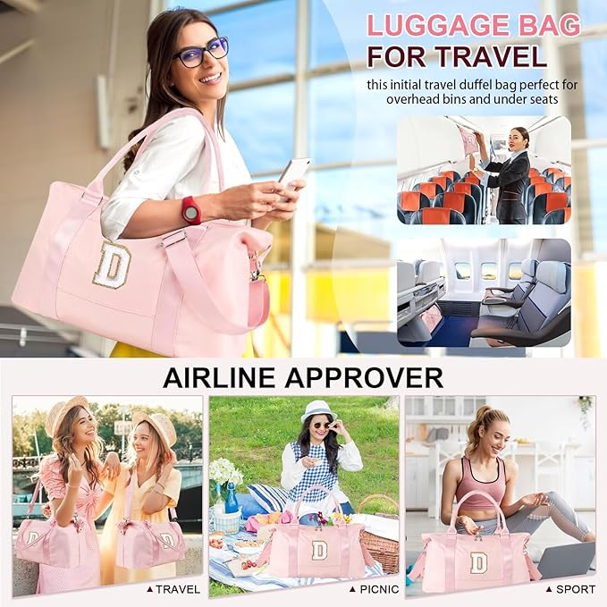 Dance Gym Duffel Bag for Teen Girls, Personalized Initial Travel Weekender Bag,Cute Overnight Carry On Duffle for Women,Sports Travel Cheer Bag,Monogram Christmas Gifts for Tween Preppy(pink-D)