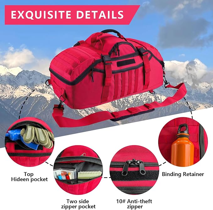 55L Large Duffle Bag, 3-in-1 Tactical Backpack MOLLE Pack for Sports, Gym, Outdoor, Red