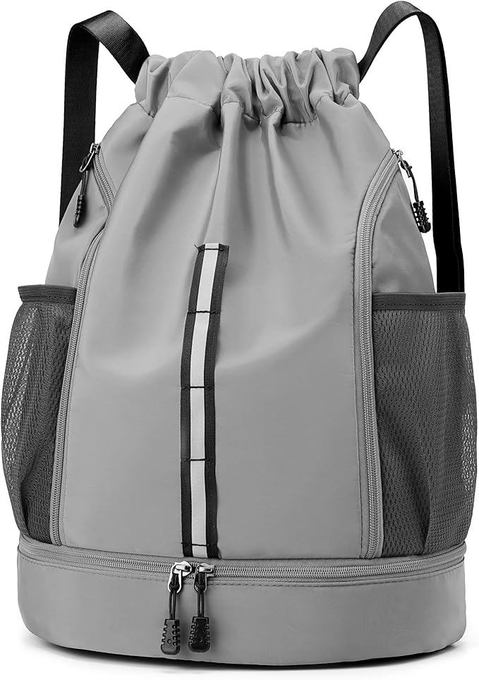 Sport Gym Bag Drawstring Backpack Beach Bag for Men Women with Shoe Compartment and Reflective Strips (Grey)