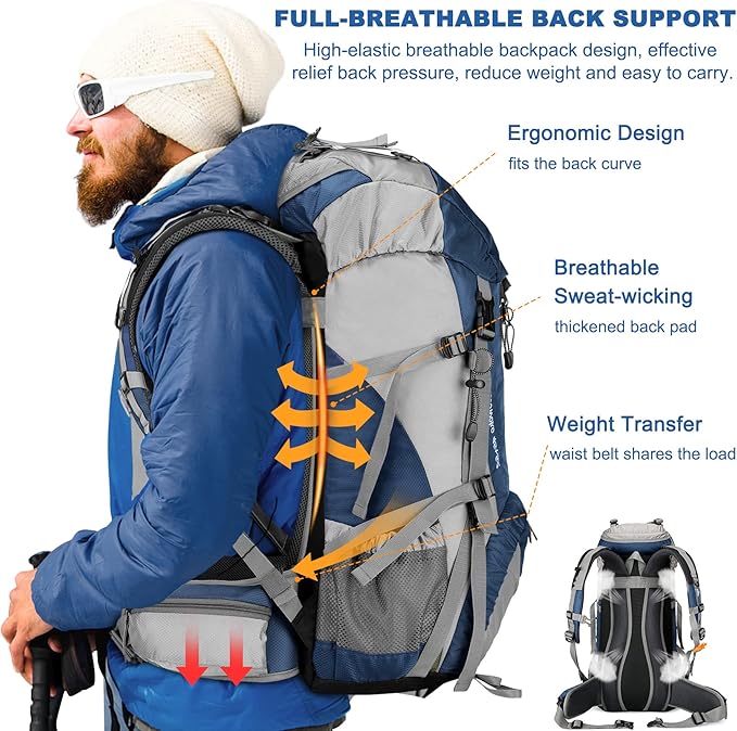 Loowoko 50L Hiking Backpack, Waterproof Camping Essentials Bag with Rain Cover, 45+5 Liter Lightweight Backpacking Back Pack