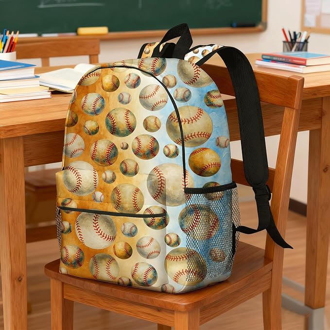 Baseball Backpack for Kids & Youth, 16 Inch Tennis-Themed School Bookbag, Lightweight Polyester Daypack with Front Zip Pocket, Side Bottle Pocket, Padded Adjustable Straps, Unisex