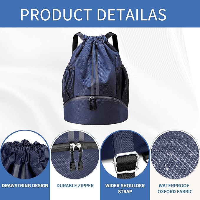 Drawstring Backpack Gym Bag with Shoes Compartment for Soccer, Basketball, Swim, Water-Resistant String Backpack Beach Cinch for Women Men, Navy Blue