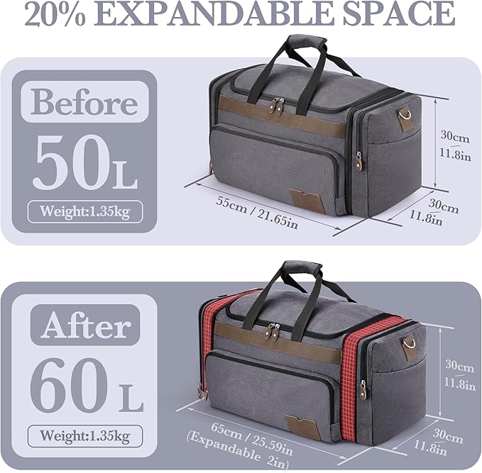 SHOWKOO Duffle Bag for Travel 60L Expandable Canvas Travel Bag Durable Vintage Weekender Overnight Carry On Bag for Men(Dark Gray)
