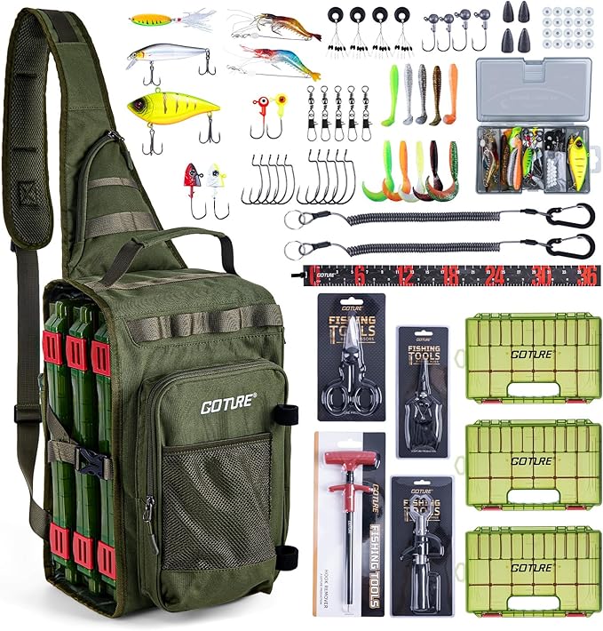 Goture OpenSide Tactical Sling Tackle Bag with 3 Tackle Trays and Fishing Tools, Lightweight Fishing Backpack Storage Gear and Equipment - Green Bag Outdoor, Gift for Men