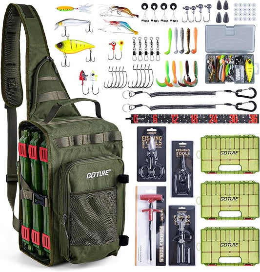 Goture OpenSide Tactical Sling Tackle Bag with 3 Tackle Trays and Fishing Tools, Lightweight Fishing Backpack Storage Gear and Equipment - Green Bag Outdoor, Gift for Men