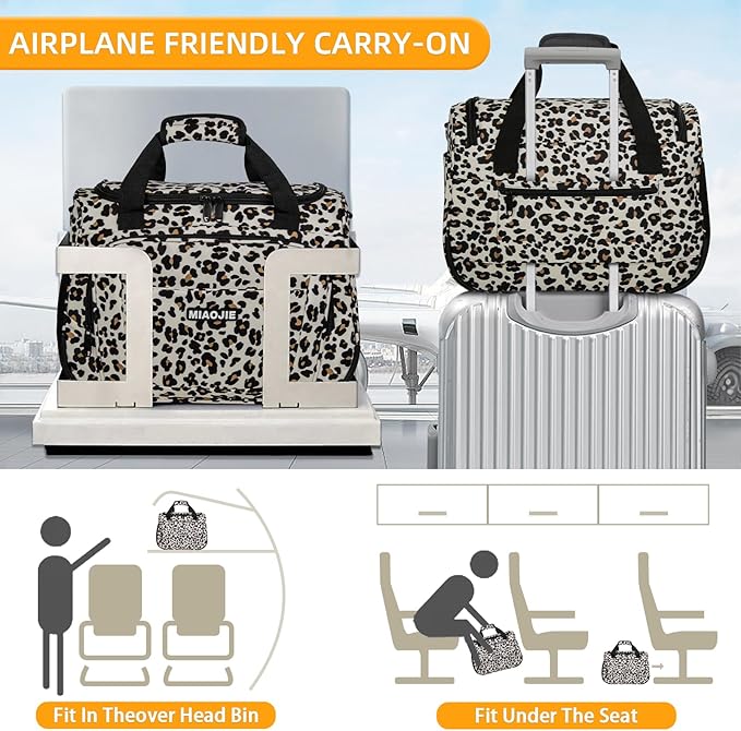 Underseat Carry On Luggage Lightweight Travel Tote Weekender Bag Overnight Duffle Bag for Travel, Travel Essentials Personal Item Travel Bag for Women and Men,Leopard-16Inch