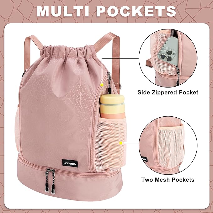 HOLYLUCK Drawstring Backpack with Shoe Compartment, Gym Bag Backpack for Women Men, Cinch Swim Beach Bag String Sports Bag for Soccer and Basketball, Pink