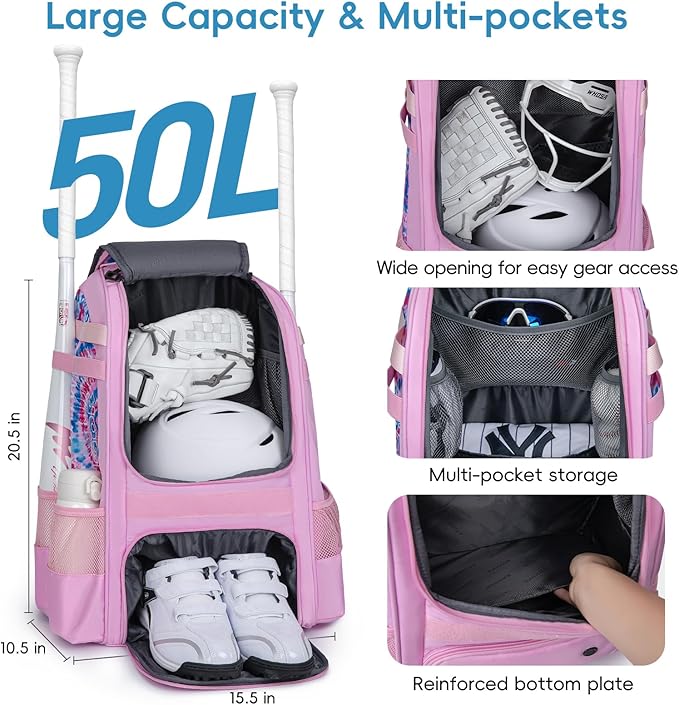 Baseball Bag for Youth | Softball Backpack 50L Large Capacity with Shoe Compartment and 4 Bat Holders | Nova Flare Series