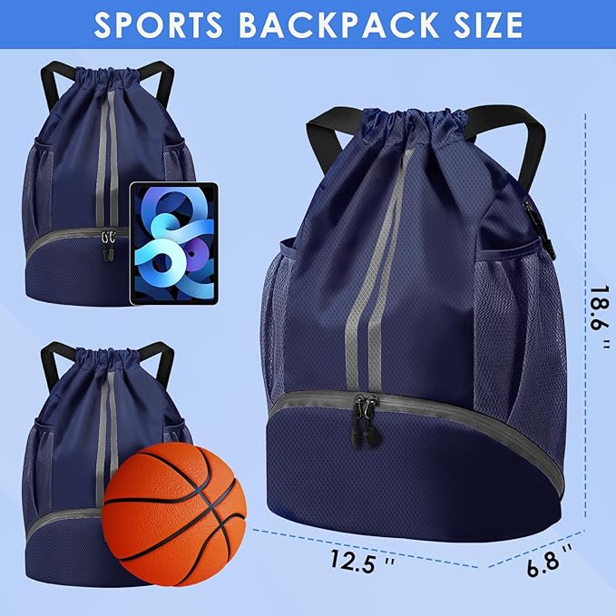 BROTOU Soccer Bags, Football Backpack, Volleyball Bag, Drawstring Backpack with Ball and Shoe Compartment, Football bags for Equipment Swim Gym Bag