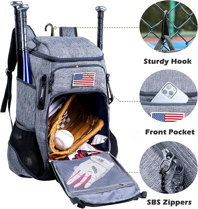 | Baseball Bag Softball Bat Bag, Double-layer Baseball Backpack Adult with Gear Klip To Hold Baseball Glove, Baseball Essential Gear, Youth Baseball Bag for Boys, Girls, Baseball Accessories
