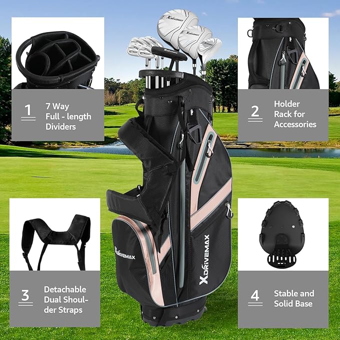 XDriveMax Golf Stand Bag, Lightweight 8-Way Top Dividers Golf Bag with Insulated Cooler Pocket, Dual Strap System & Rain Cover, Includes Golf Accessory Kit