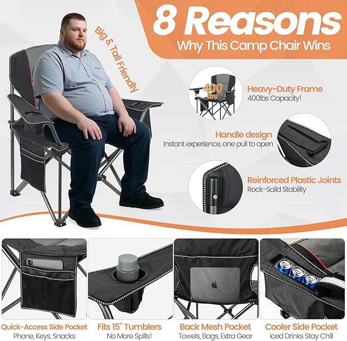 2 Pack Heavy Duty Oversized Camping Chair for Adults 400lbs w/Lumbar Support - Folding Chairs with Side Pocket, Cup Holder & Cooler Bag for Beach, Fishing, Lawn, Backyard Black
