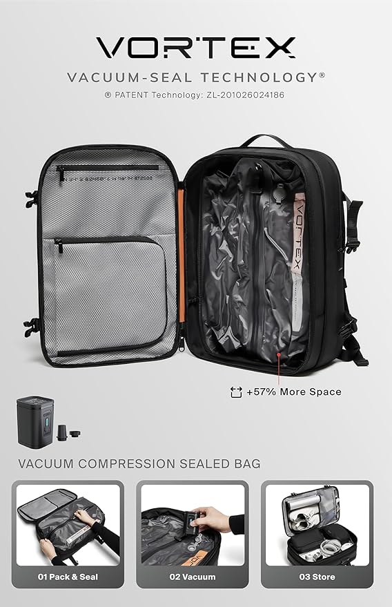 BlackVoyage Vortex Vacuum Seal Travel Backpack 60L Expandable Air Compression System Water Resistant TSA Lock Carry-On Suitcase Luggage Black AERO Lite - Vacuum Pump Included