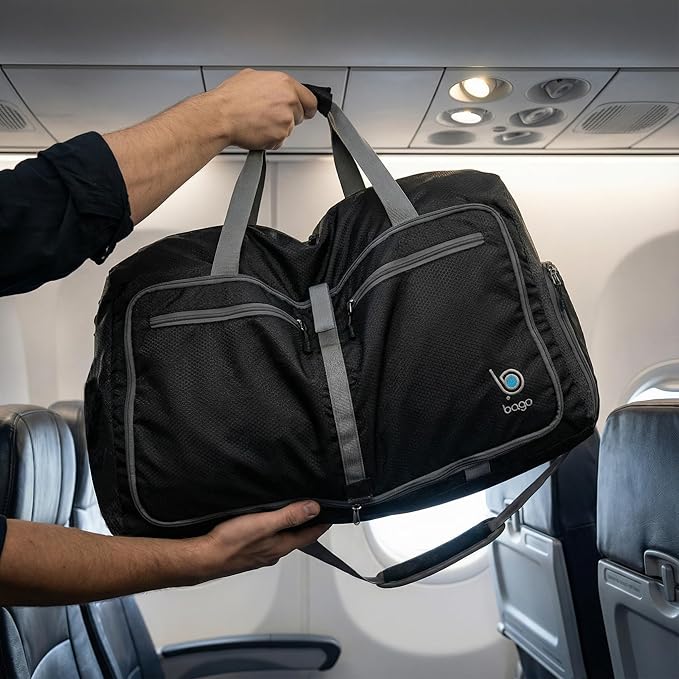 Bago Foldable Duffel Bags for Traveling Women & Men - 60L Medium Packable Duffle Bag for Travel with Shoe Compartment - Water Repellant, Heavy Duty, Lightweight Folding & Collapsible (Black)