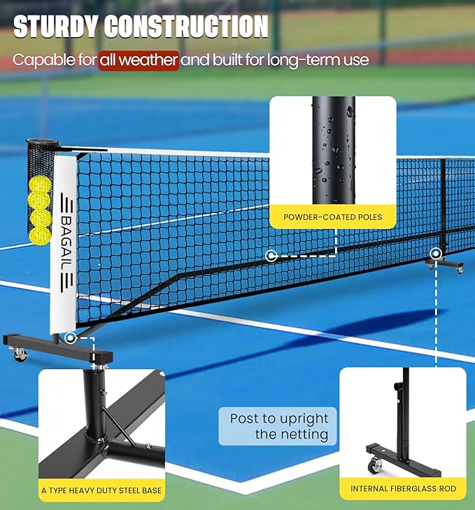 BAGAIL Portable Pickleball Net Set, 22 FT Regulation Size Pickle Ball Net with Ball Collector, 4 Balls and Carry Bag, Easy Setup for Outdoor Indoor Driveway