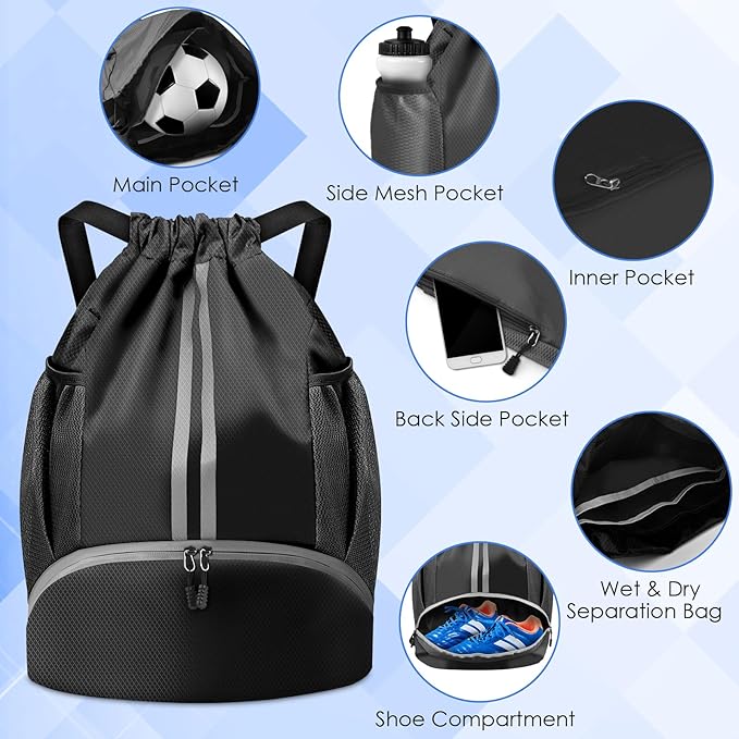 BROTOU Soccer Bags, Football Backpack, Volleyball Bag, Drawstring Backpack with Ball and Shoe Compartment, Football bags for Equipment Swim Gym Bag