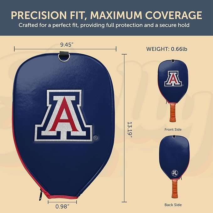 Officially Licensed Collegiate Pickleball Paddle Cover - Lightweight PU Leather Material - Durable Foam Interior Protection with Zippered Closure - Fits Most Paddles on the Market