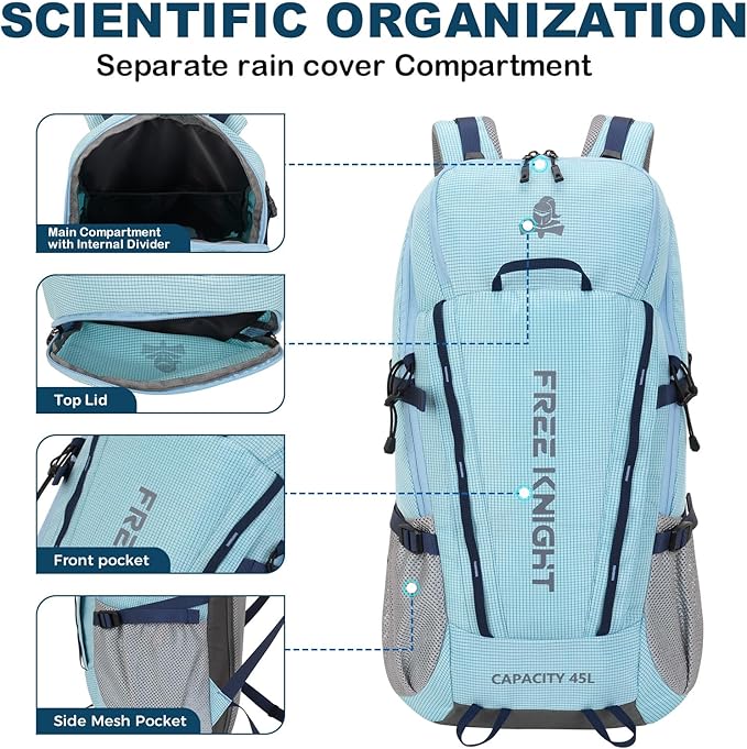 Bseash 45L Waterproof Hiking Camping Backpack with Rain Cover, Outdoor Sport Travel Bag Daypack for Climbing Skiing Cycling (Blue)