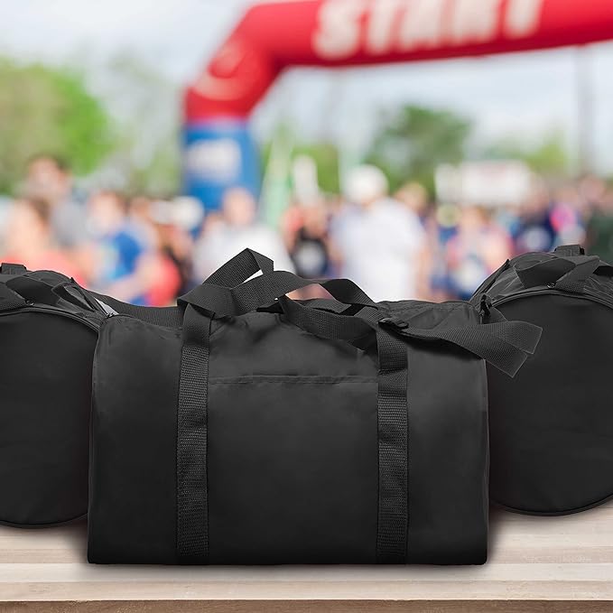 6 Sporty Duffle Bags Set - Polyester, Adjustable Strap, Front Pocket, Roll Styling - Black