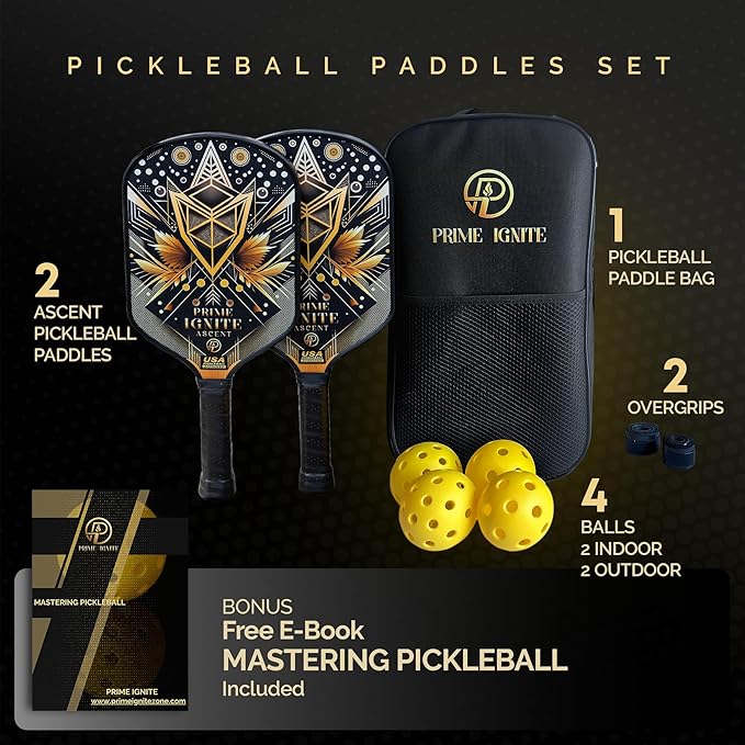Ascent Pickleball Paddles Set of 2, USAPA Approved Lightweight Fiberglass Paddles, Includes 4 Balls, 2 Extra Grips, and Carrying Bag, Pickleball Rackets Gifts for Beginners & Pros