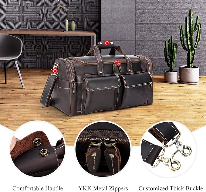 Polare 23" Duffel Thick Full Grain Cowhide Leather Gym Weekender Overnight Luggage Bag For Men 42L