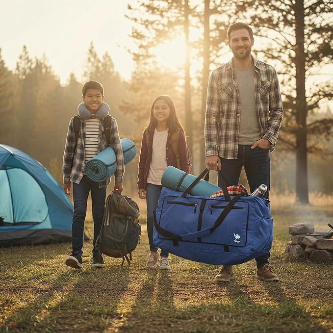 Bago Large Foldable Duffel Bags for Traveling Women & Men - 80L Packable Duffle Bag for Travel with Shoe Compartment - Water Repellant, Heavy Duty, Lightweight Folding & Collapsible (SnowBlue)