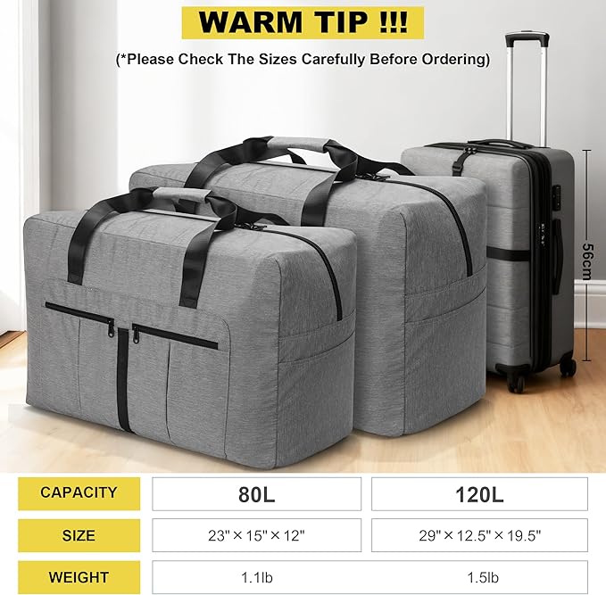 120L Large Duffle Bag for Travel, Packable Foldable Duffel Bag for Men Women Camping Weekend Overnight Moving, Water Repellent & Tear Resistant (120L, Gray)