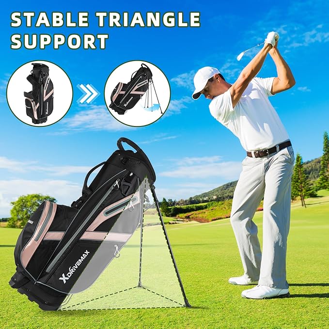 XDriveMax Golf Stand Bag, Lightweight 8-Way Top Dividers Golf Bag with Insulated Cooler Pocket, Dual Strap System & Rain Cover, Includes Golf Accessory Kit