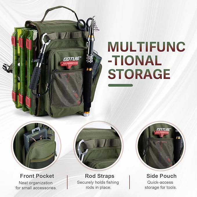 Goture OpenSide Tactical Sling Tackle Bag with 3 3700 Tackle Trays, Lightweight Fishing Backpack Storge Fishing Gear and Equipment - Green Bag Outdoor,Gift for men