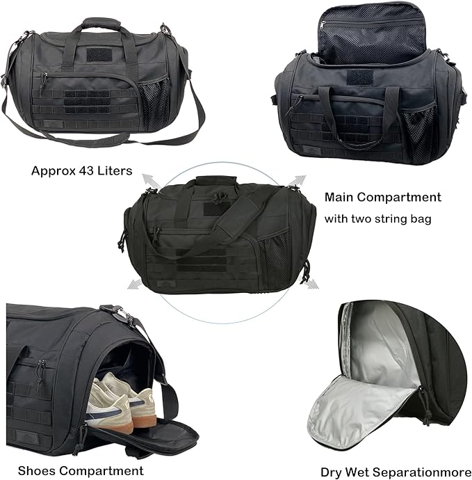 APRlLBAY 43L Large Capacity Military Duffel Bag - Tactical Gym Bag/Weekender for Men & Women (Jet Black)