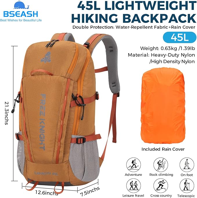 Bseash 45L Waterproof Hiking Camping Backpack with Rain Cover, Outdoor Sport Travel Bag Daypack for Climbing Skiing Cycling (Orange)