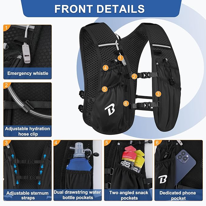 BECOJADDE Running Vest Hydration Backpack for Men Women, 5L Lightweight Running Backpack Hydration Pack for Marathon, Trail, Cycling, Hiking, Jogging