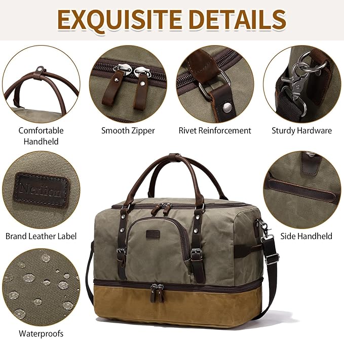 Nerlion Green Large Weekender Overnight Duffel Bag with Shoe Compartment and Leather Accents