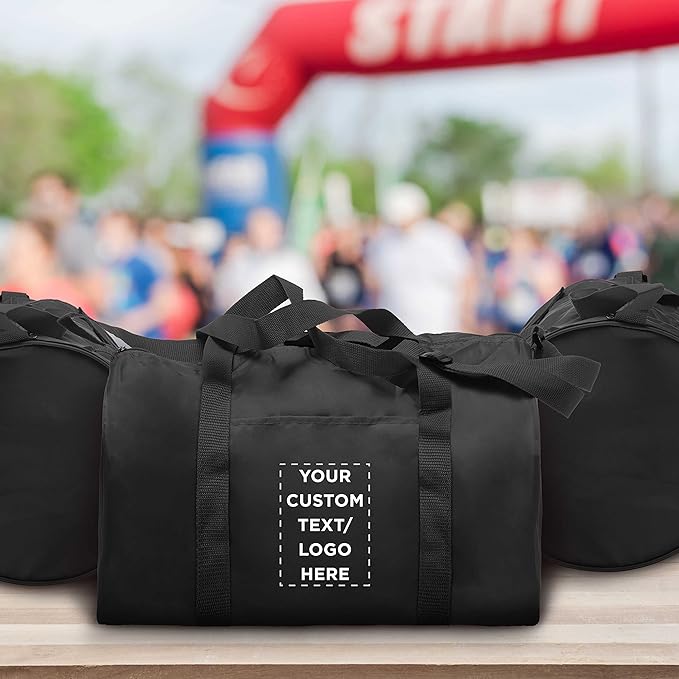 24 Sporty Duffle Bags Set - Customizable Text, Logo - Polyester, Adjustable Strap, Front Pocket, Roll Styling - Black