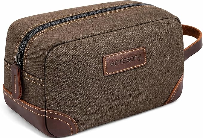 emissary Men's Toiletry Bag, Leather and Canvas Travel Toiletry Bag, Dopp Kit for Men, Travel Bathroom Bag Men's Shaving Kit, Travel Kit Small Bags for Men, Shaving Bag for Travel Accessories (Coffee)