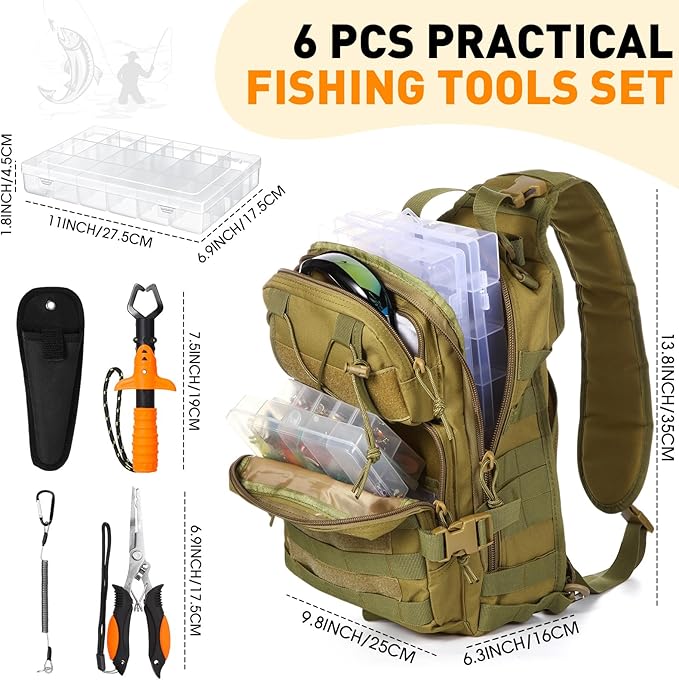 Eccliy 6 Pcs Fishing Tackle Bag Backpack with Rod Holders, Tackle Box, Fishing Pliers Kit and Fish Lip Gripper, Fish Gear and Equipment Fisherman Gift for Men Women