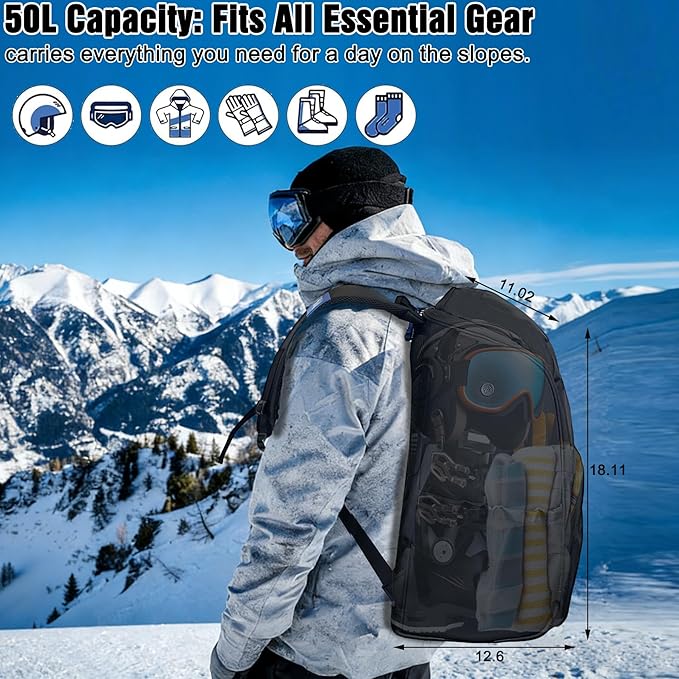 WOLT Ski Boot Bag Backpack,Waterproof Snowboard Gear Backpack,Ski Travel Backpack for Helmet Goggles Gloves&Accessories 50L Black